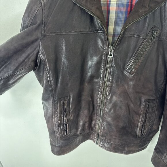 Hugo Boss Orange Men’s Lamb Leather Jacket Brown Size 38 Moto Plaid Lined Zip - Picture 3 of 12
